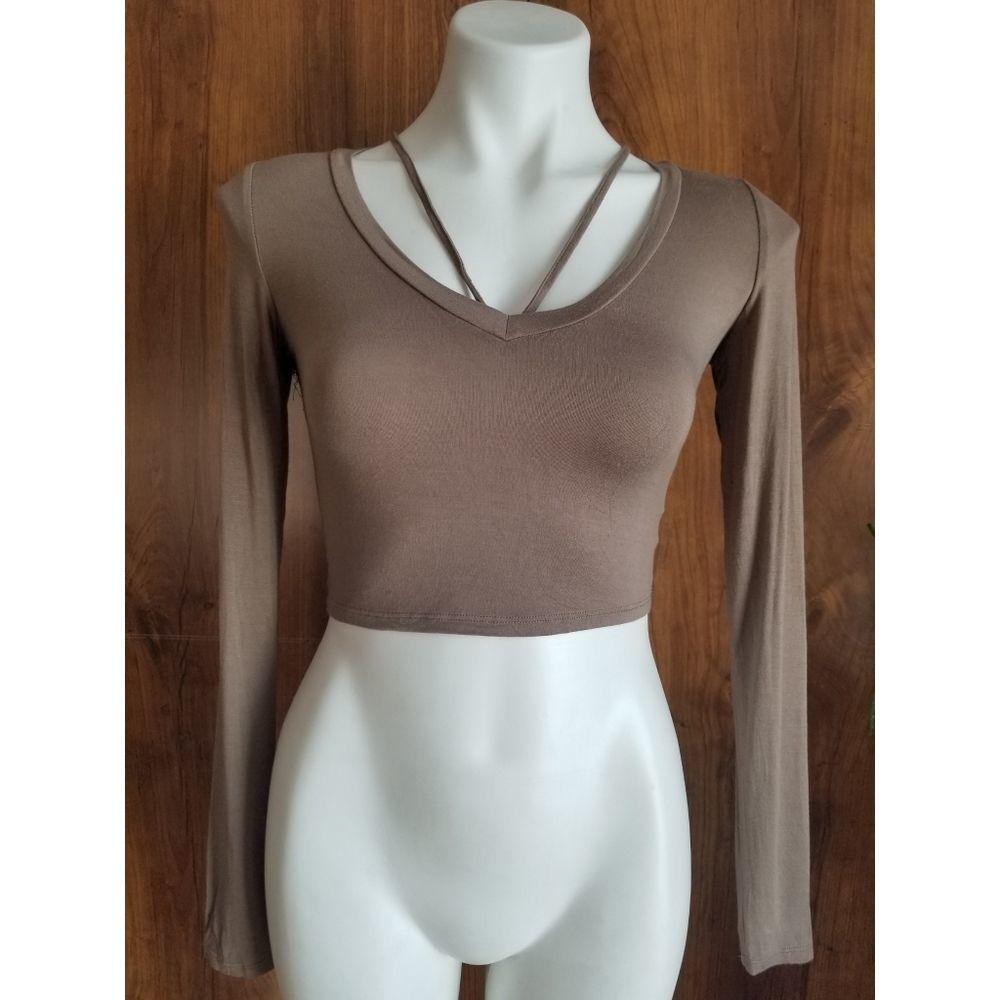 💥Bear Dance Beige Long Sleeve Crop Top